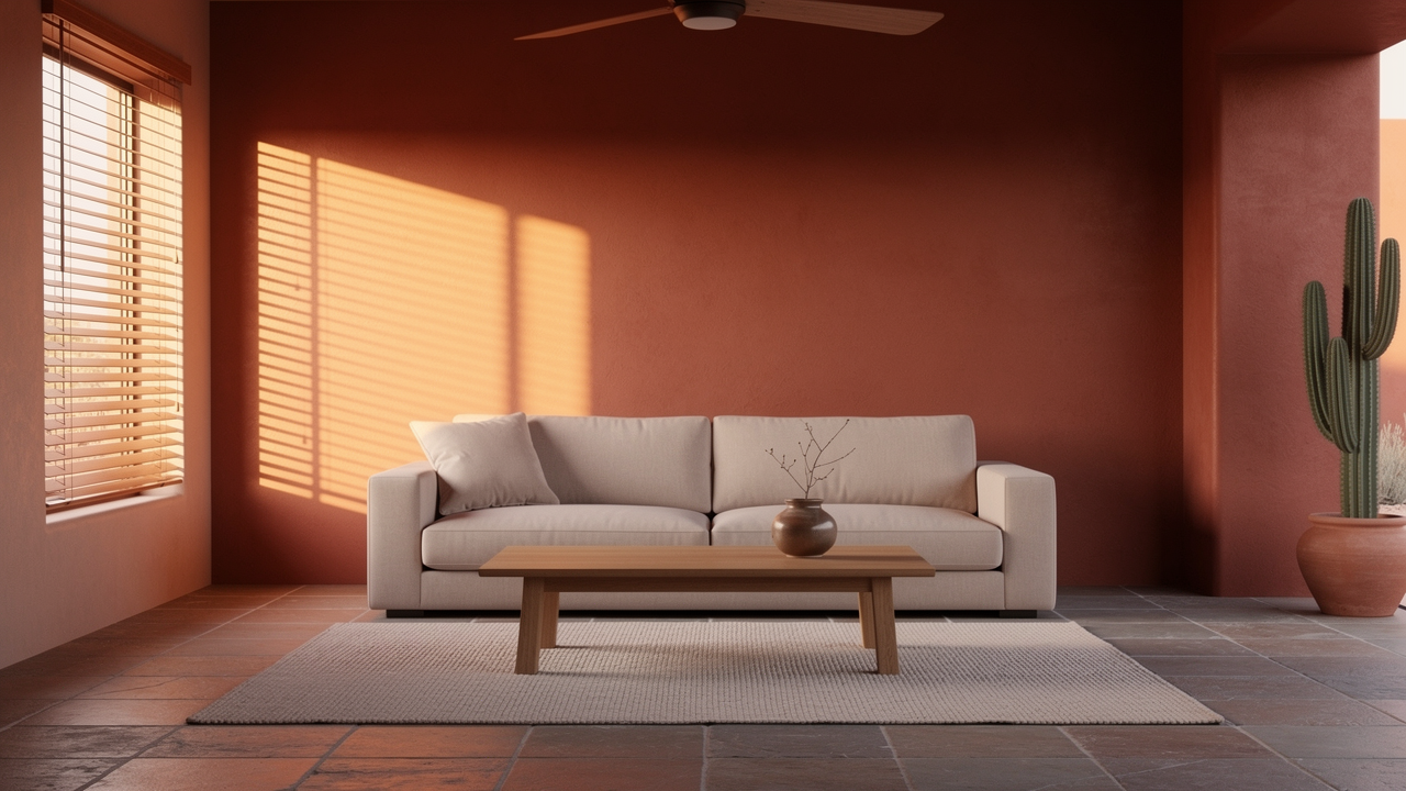 A cool, calm Arizona living room in soft late-afternoon light