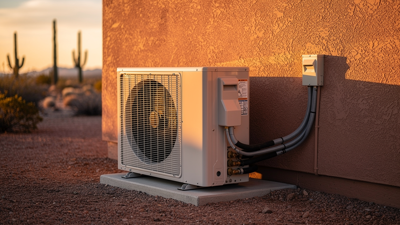 A clean, professionally installed AC condenser unit beside an adobe wall in desert light