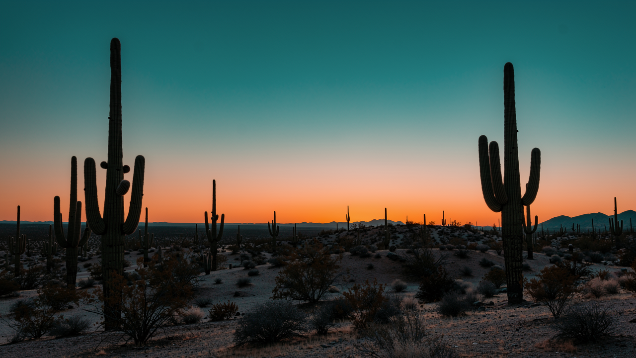 Saguaro cactus silhouettes against a Sonoran desert sunset
